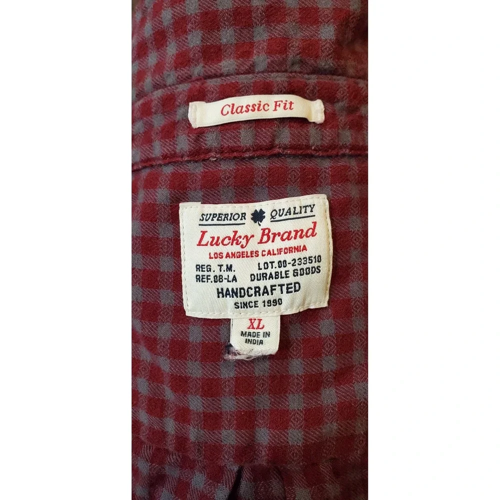 Lucky Brand Handcrafted Classic Fit Red‎ Gray Button Up Long Sleeve Size XL